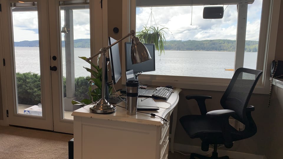 In case you want to get some work done: 2 monitors, keyboard, mouse, ergo chair…