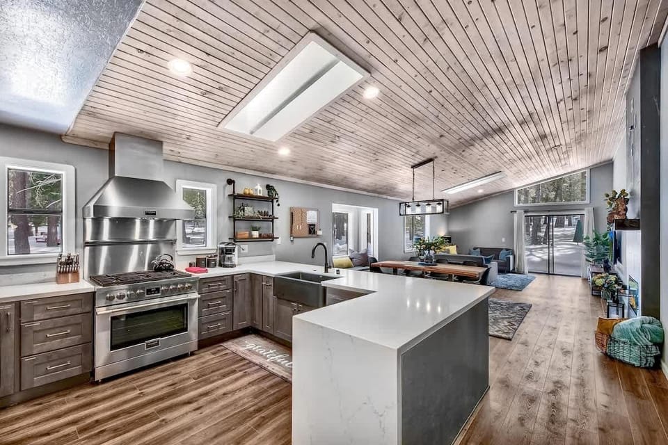 Fully remodeled single story home, with private hot tub, bunk room, brand new and high-end kitchen, fireplace, spa like bathroom, new TV's, arcade table, kids amenities, and more.