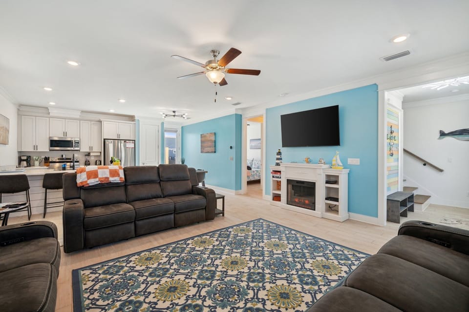 Spacious open concept first floor living area with kitchen, dining and living 