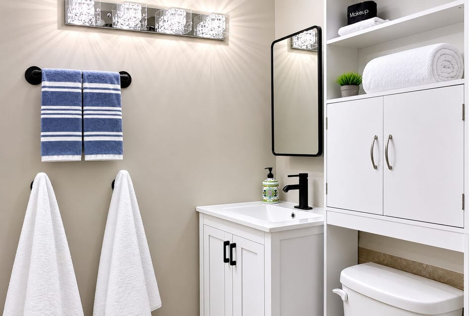 Bathroom: tub/shower, full-sized towels & amenities. 4 pieces per person.