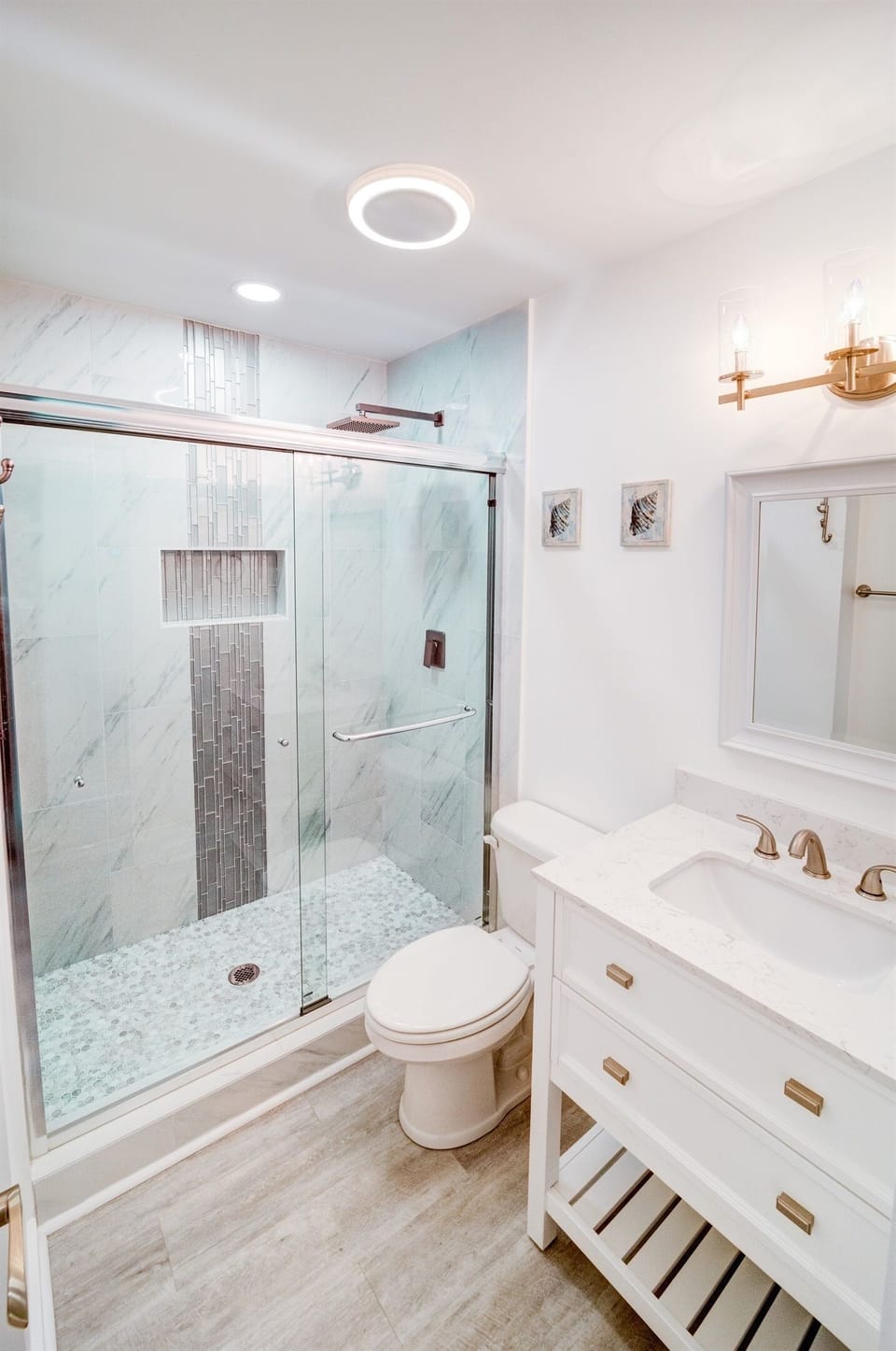 Bathroom view with spacious shower