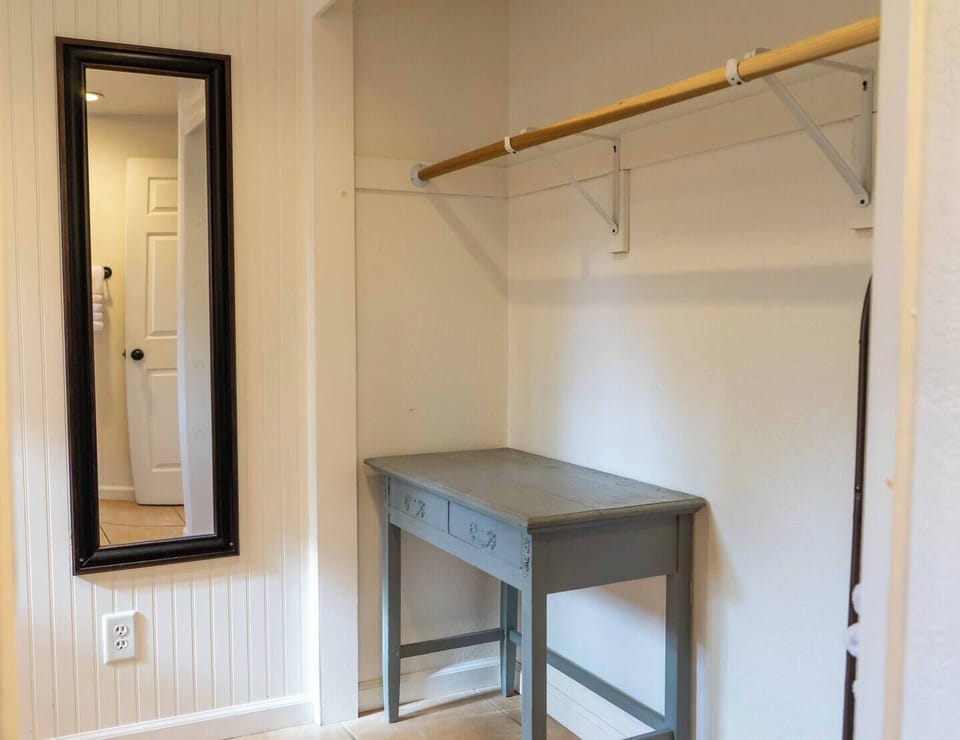 Full size bathroom has a walk in shower, sink, toilet, and a full size mirror

Bath towels, hand towels, wash cloths, hand soap, shampoo, conditioner, and body soap is included in your stay.