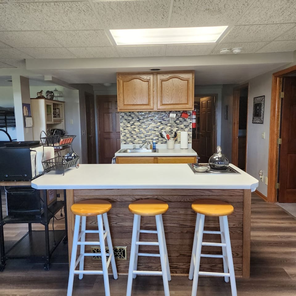 Kitchen area with snackbar, small refrigerator, microwave, toaster oven.