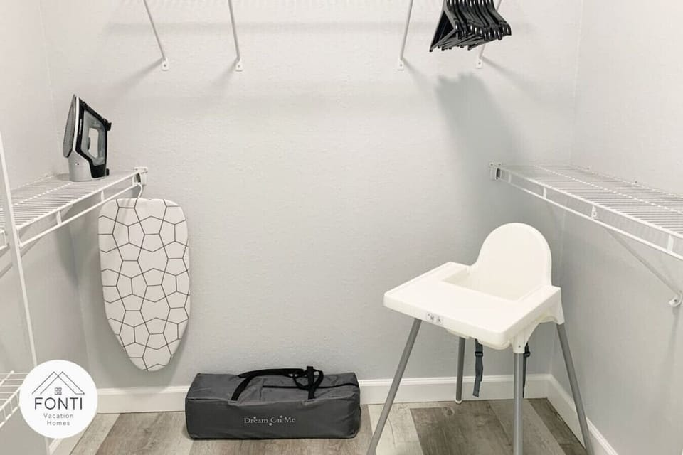 Pack & Play Crib, Baby High Chair and Iron.#disney #parks #kingdom #springs #secretlake #resort #apartment #vacation #Rental #waterpark #kissimmee #orlando #universal #citywalk