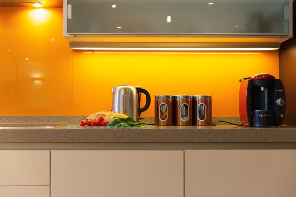 Fridge, dishwasher, electric kettle, toaster
