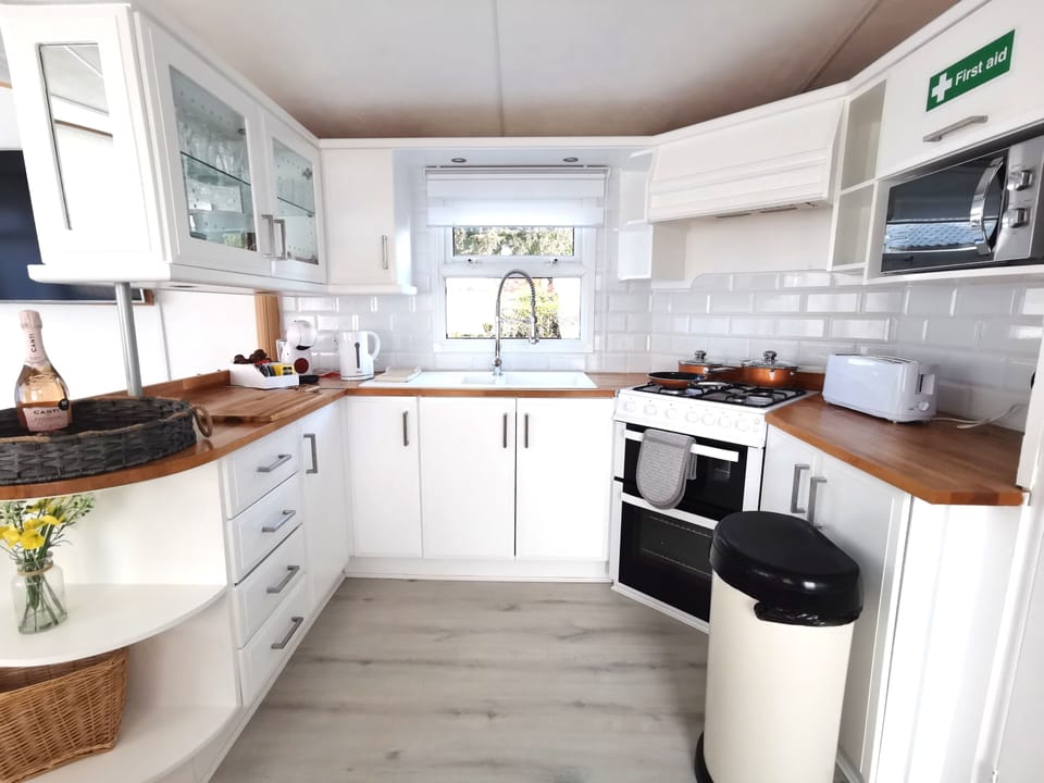 Cabin | Private kitchen | Fridge, microwave, oven, stovetop