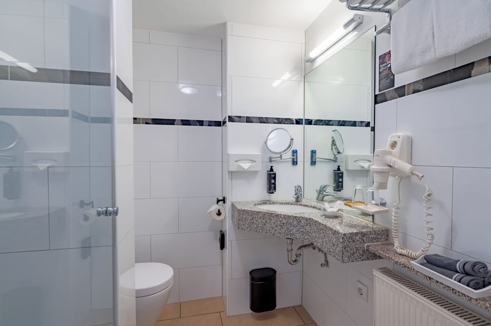 Shower, hair dryer, towels