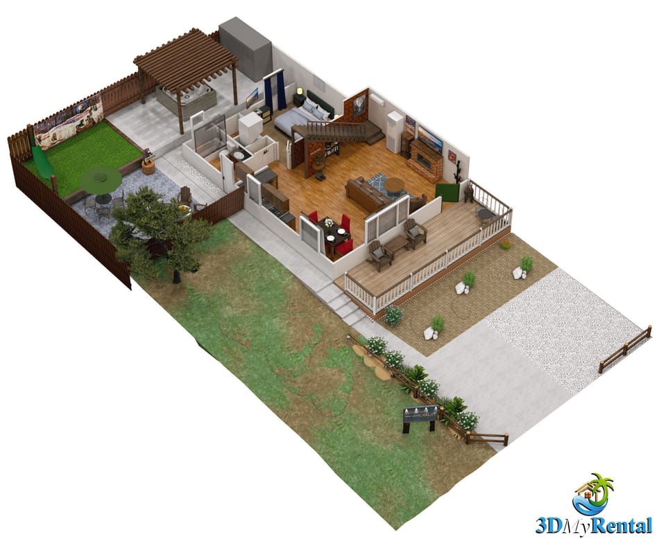 A 3d birds eye view of entire property. 