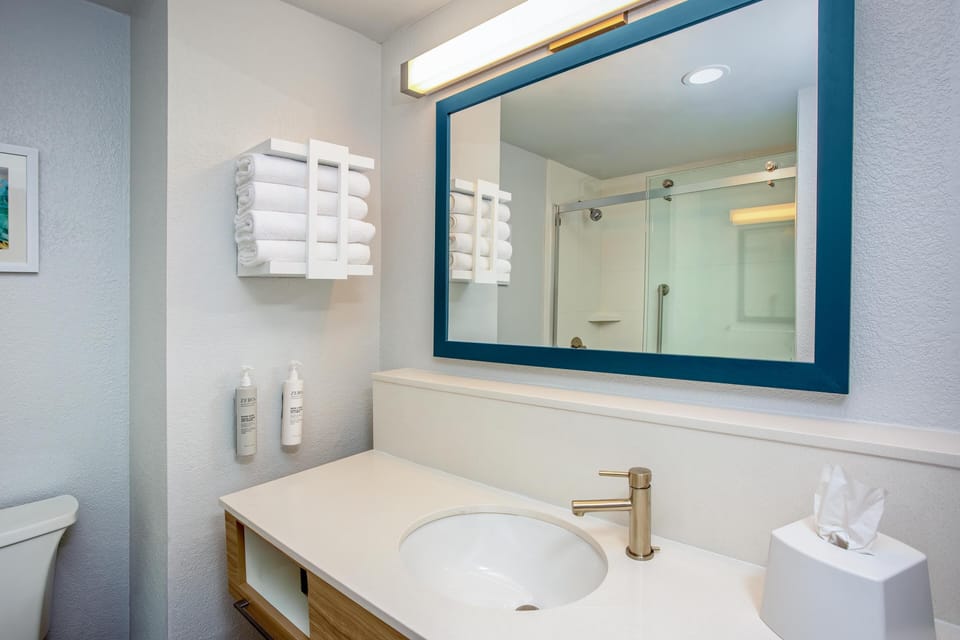 Combined shower/tub, free toiletries, towels