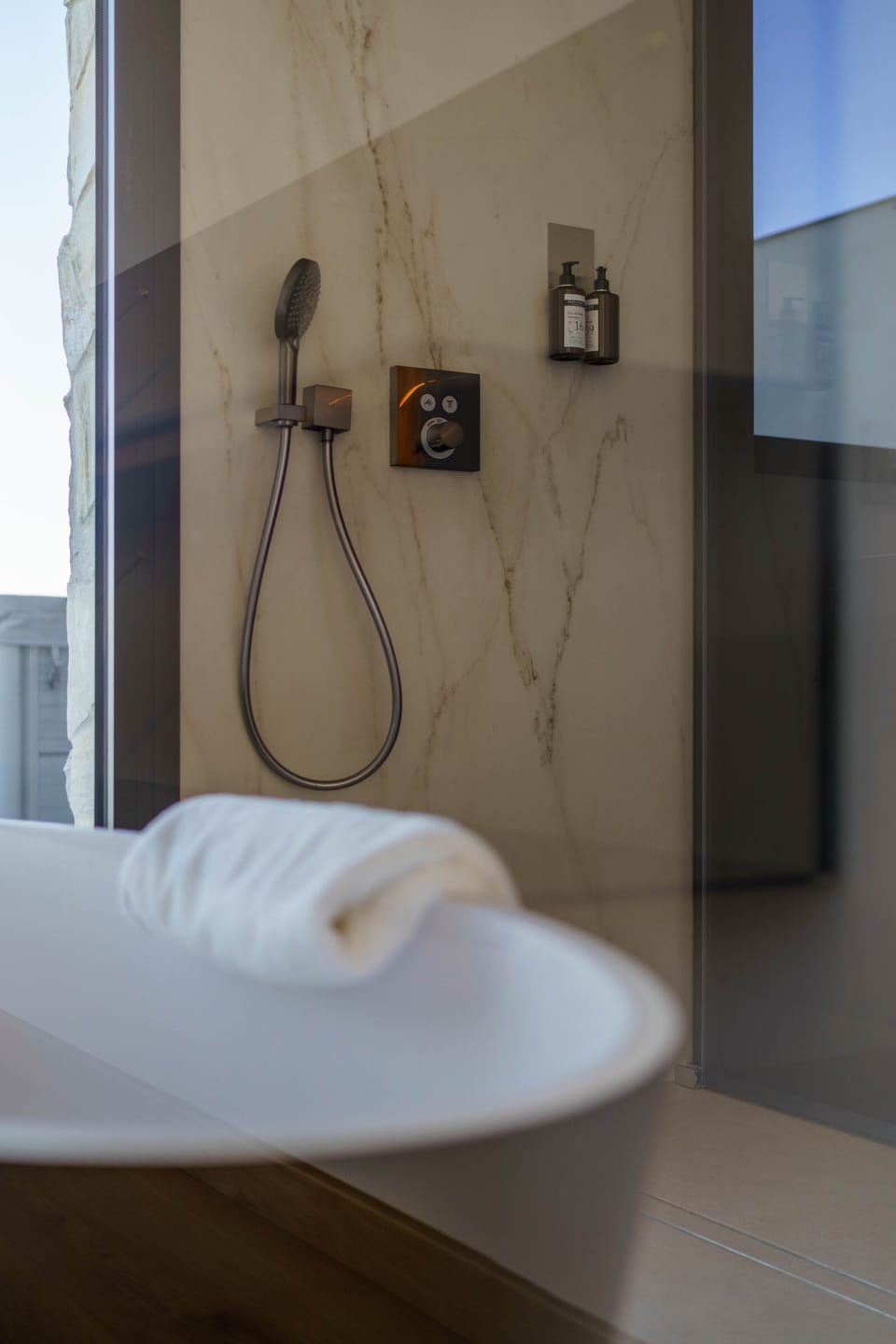 Hair dryer, towels, soap, shampoo