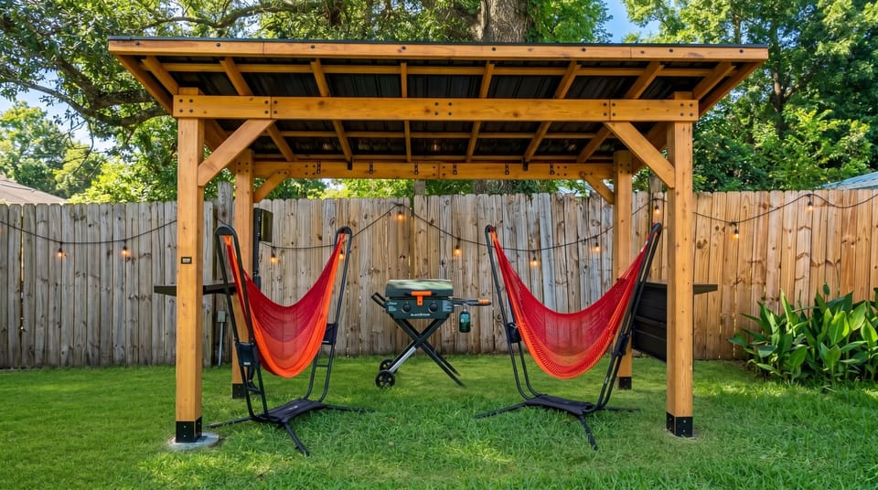 Your private outdoor kitchen: cedar pergola, two hammock chairs, Blackstone griddle, and string lights that come on at sunset. Everything here was built for lingering.
