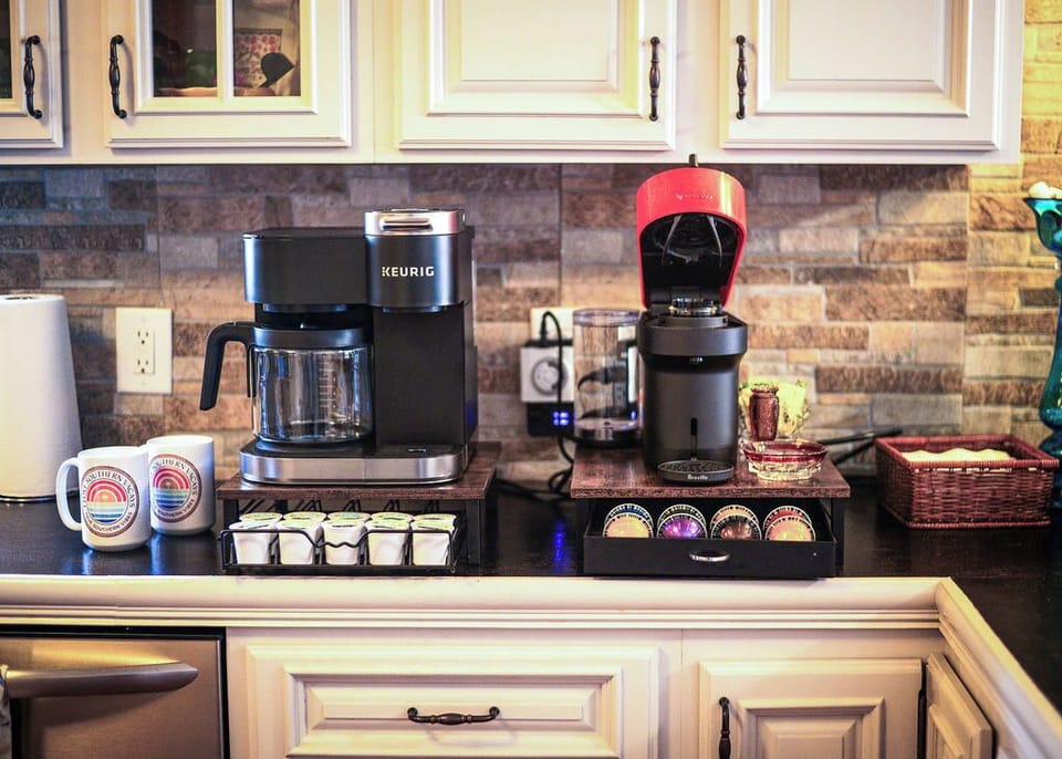 Coffee station at the Boho Bungalow with Nespresso and K-cups,  enjoy your morning coffee before exploring downtown Pensacola or heading to the beach!