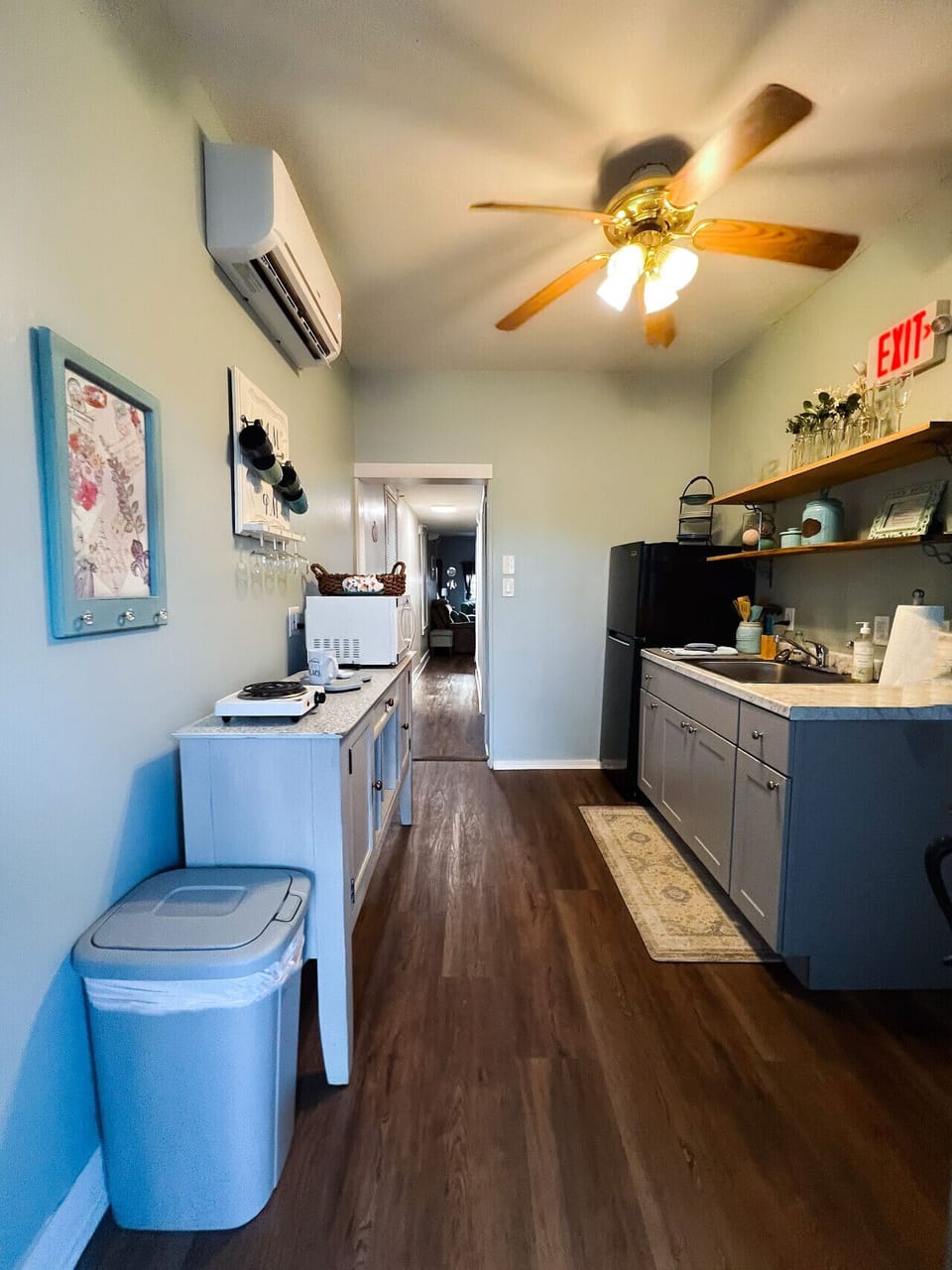 Kitchen with microwave, hot plate, toaster oven and Keurig