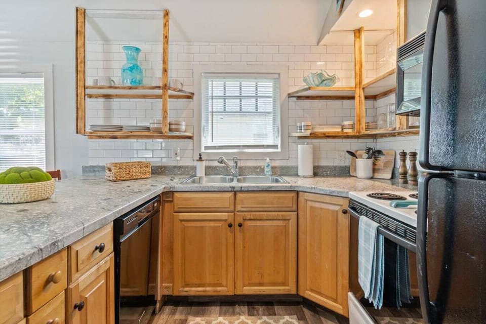 Open shelving with upgraded fixtures