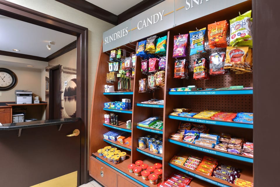 Pantry shelves stocked with snacks and sundries