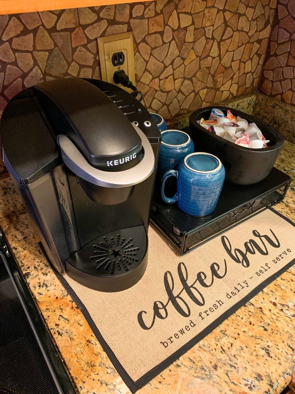 Keurig with k-cups, creamer and sugar supplied (basic coffee pot also available)