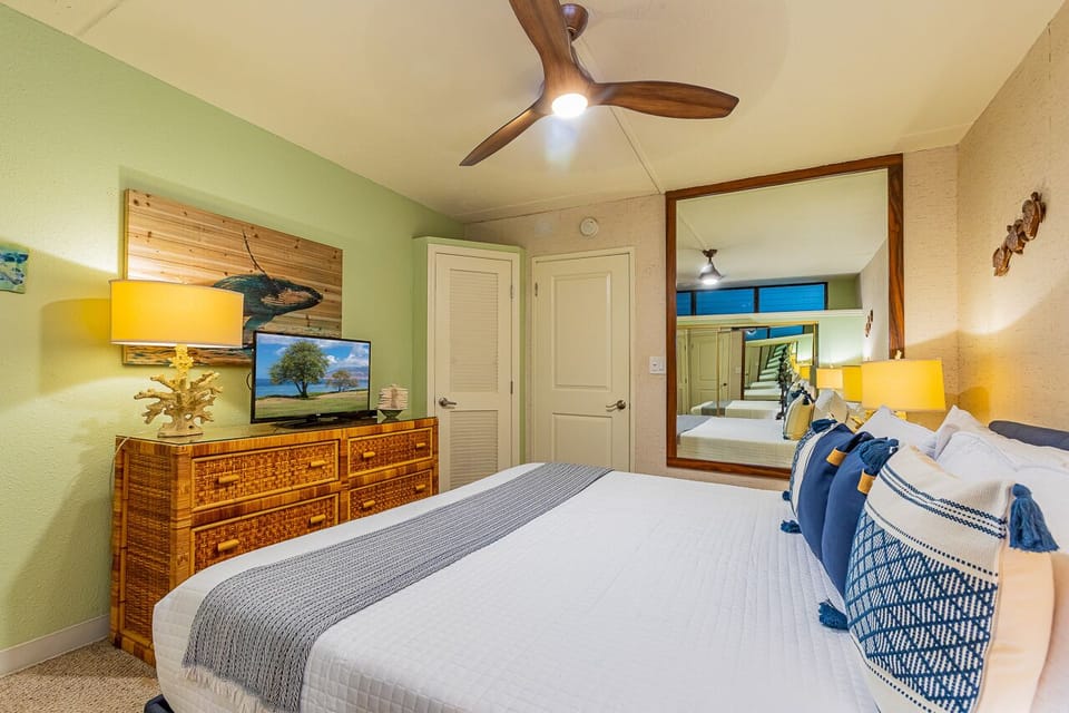 Soft island tones create a calming place to recharge