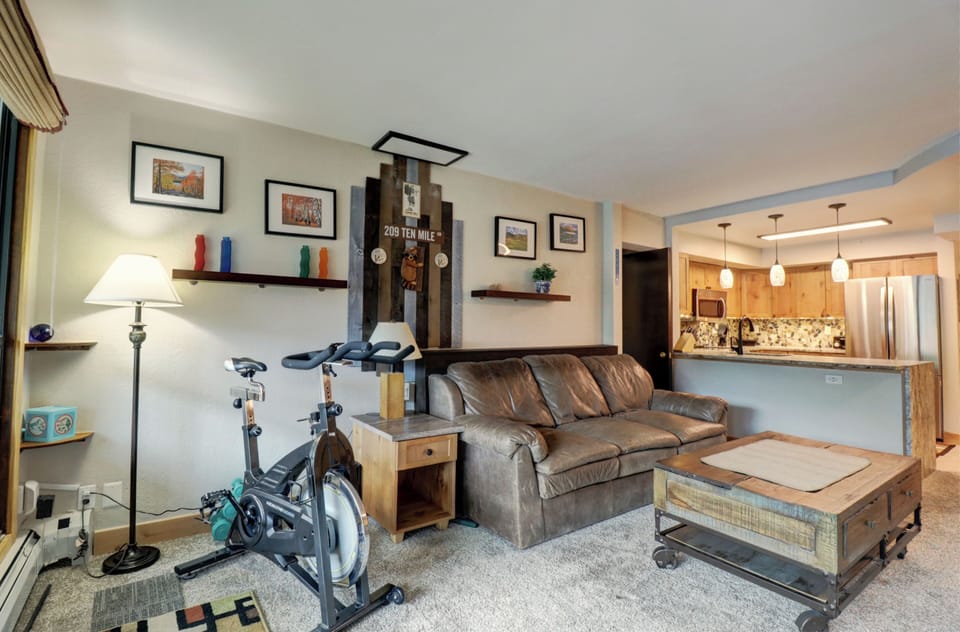 Cozy living room features and a stationary bike and sleeper sofa.