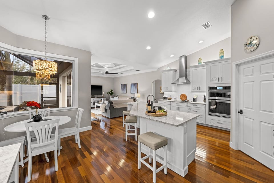 The modern kitchen is well equipped and labeled