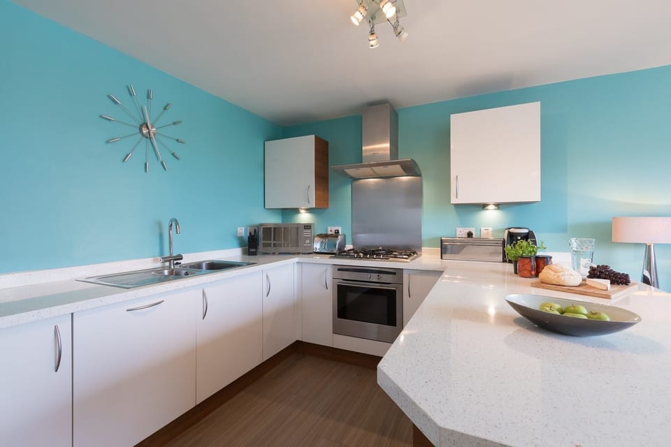 Fridge, dishwasher, electric kettle, cookware/dishes/utensils
