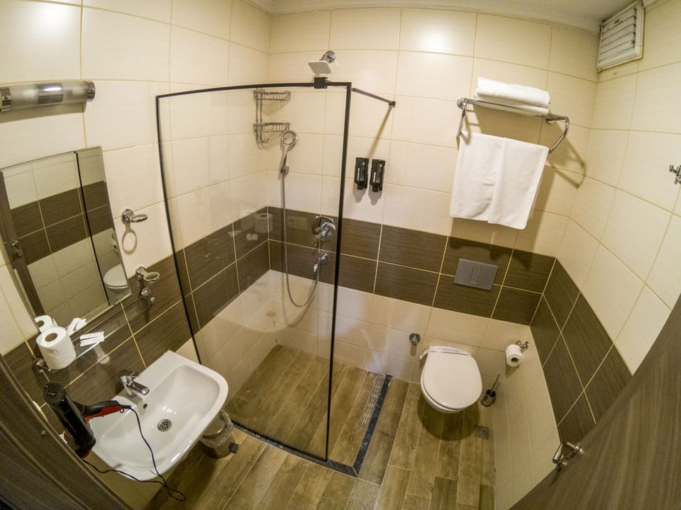 Twin Room | Bathroom | Shower, rainfall showerhead, hair dryer, slippers