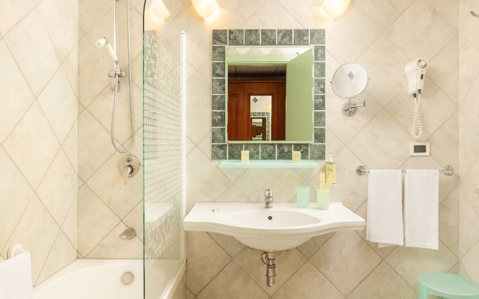 Combined shower/tub, free toiletries, hair dryer, bidet