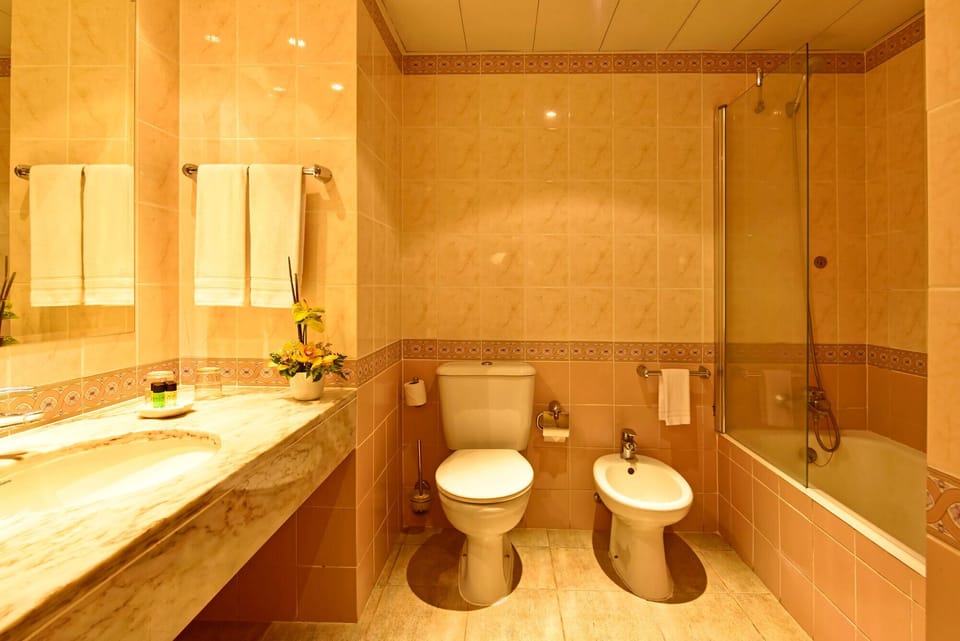 Combined shower/tub, free toiletries, hair dryer, bidet