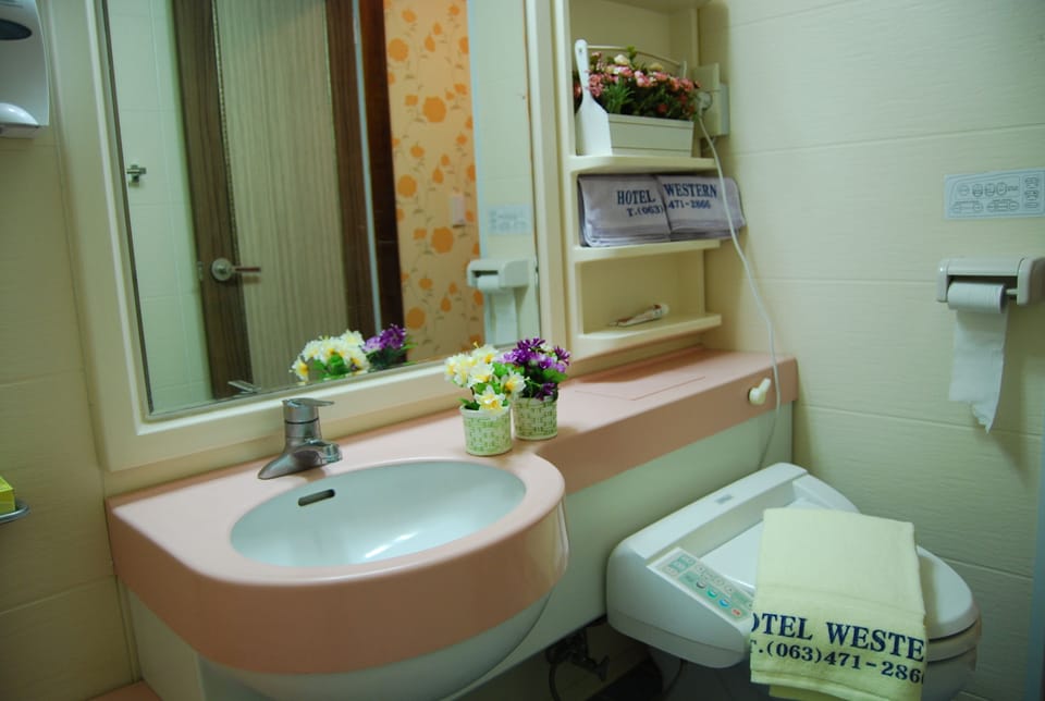 Separate tub and shower, free toiletries, hair dryer, slippers