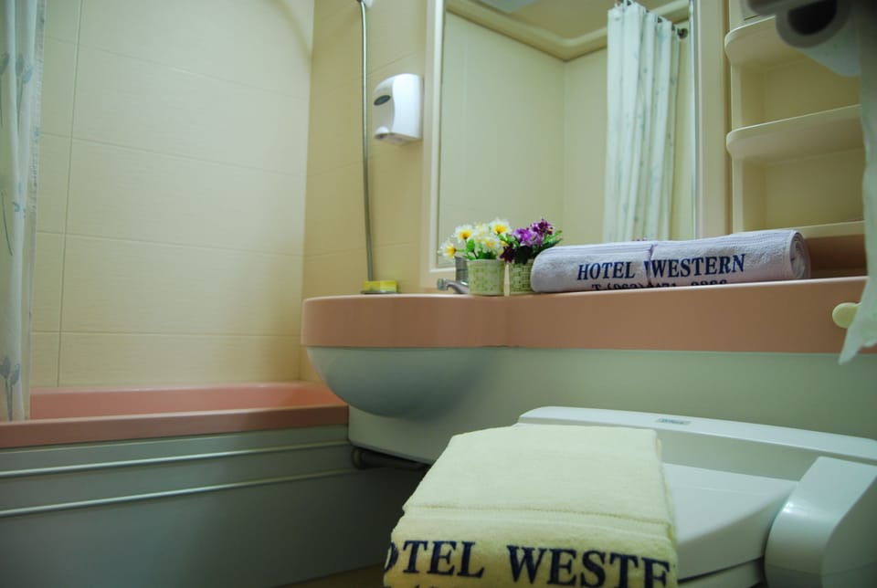 Separate tub and shower, free toiletries, hair dryer, slippers