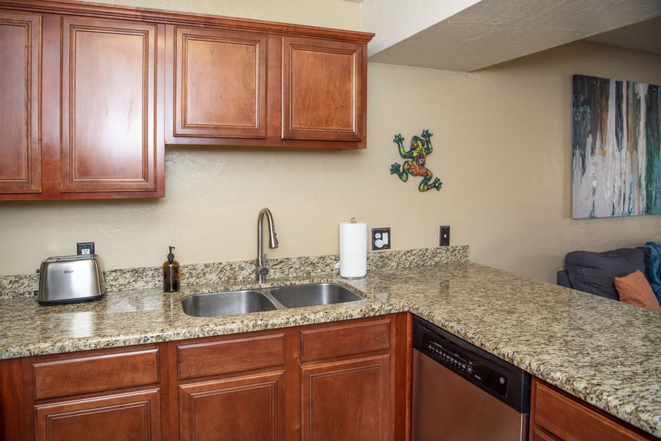 The well stocked kitchen has everything you need to cook a good meal.