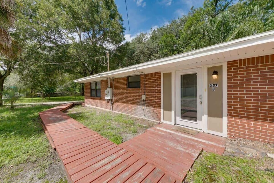 Front of the Unit boasts a wooden walkway to keep you off of the grass and dirt.  

Front Door boasts a smart-lock, which will be pre-programmed with your unique code prior to arrival.