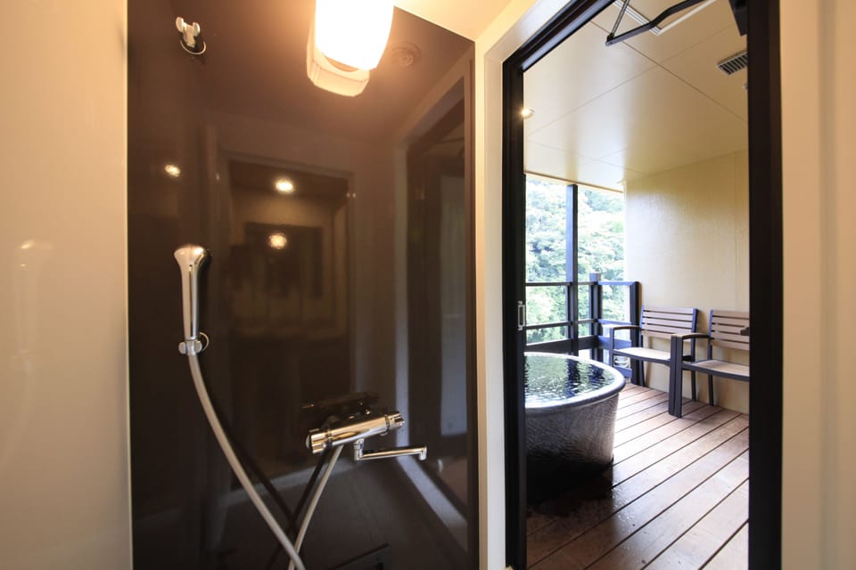Combined shower/tub, hair dryer, slippers, electronic bidet