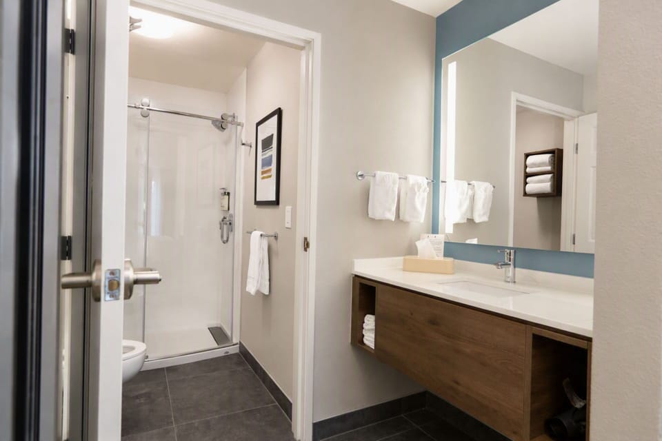 Combined shower/tub, free toiletries, hair dryer, towels