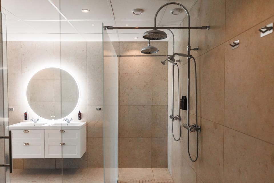 Suite | Bathroom | Shower, hair dryer, towels, toilet paper