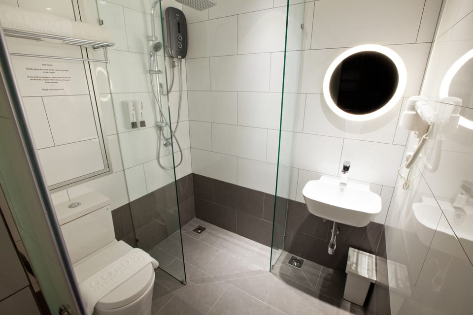 Shower, free toiletries, hair dryer, bidet