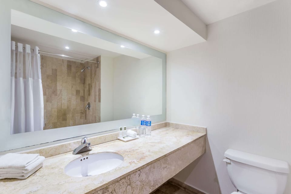 Combined shower/tub, free toiletries, hair dryer, towels
