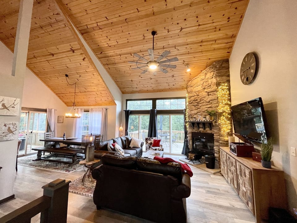 Beautiful living room with record player and cozy fire place