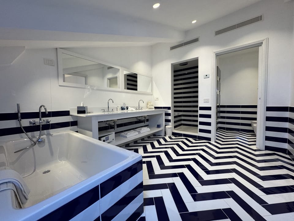 Combined shower/tub, free toiletries, hair dryer, bidet