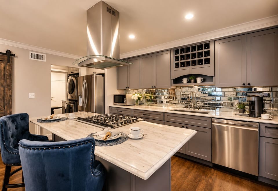 A fully equipped gourmet kitchen with all the essentials, perfect for preparing a delicious meal.