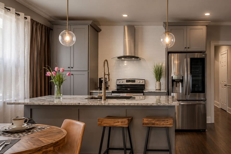 The fully equipped kitchen features a spacious island, plenty of counter space, and stunning marble countertops. With abundant natural light, it's the perfect space for preparing a gourmet meal or entertaining guests.