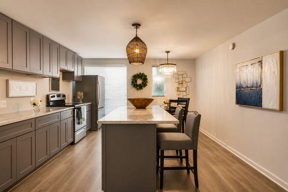Spacious kitchen featuring a large island and designer finishes, fully equipped with stainless steel appliances for all your cooking needs.