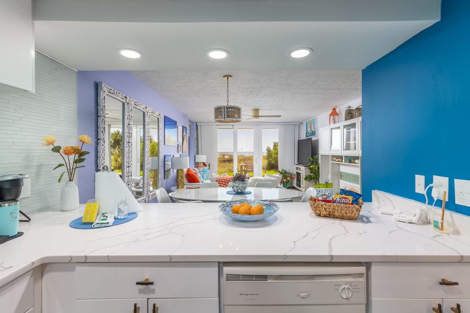 Nothing obstructs the view from the kitchen all the way to the living room.