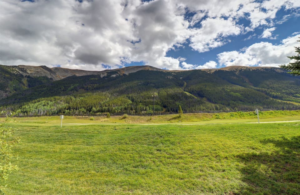 A scenic landscape featuring green grass in the foreground, a row of trees, and a mountain range under a partly cloudy sky.