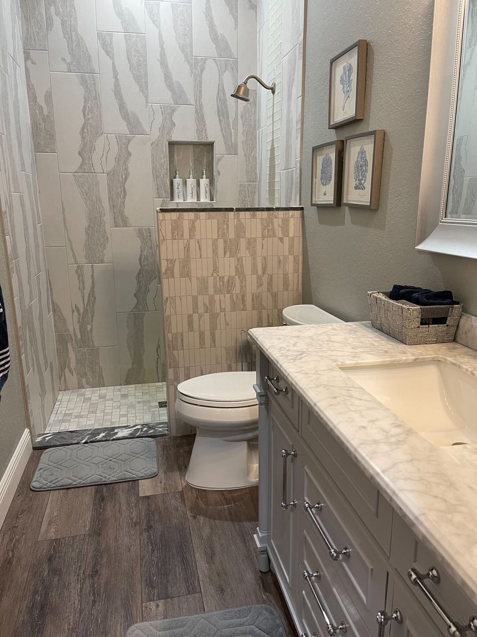 Primary suite bathroom with walk in shower