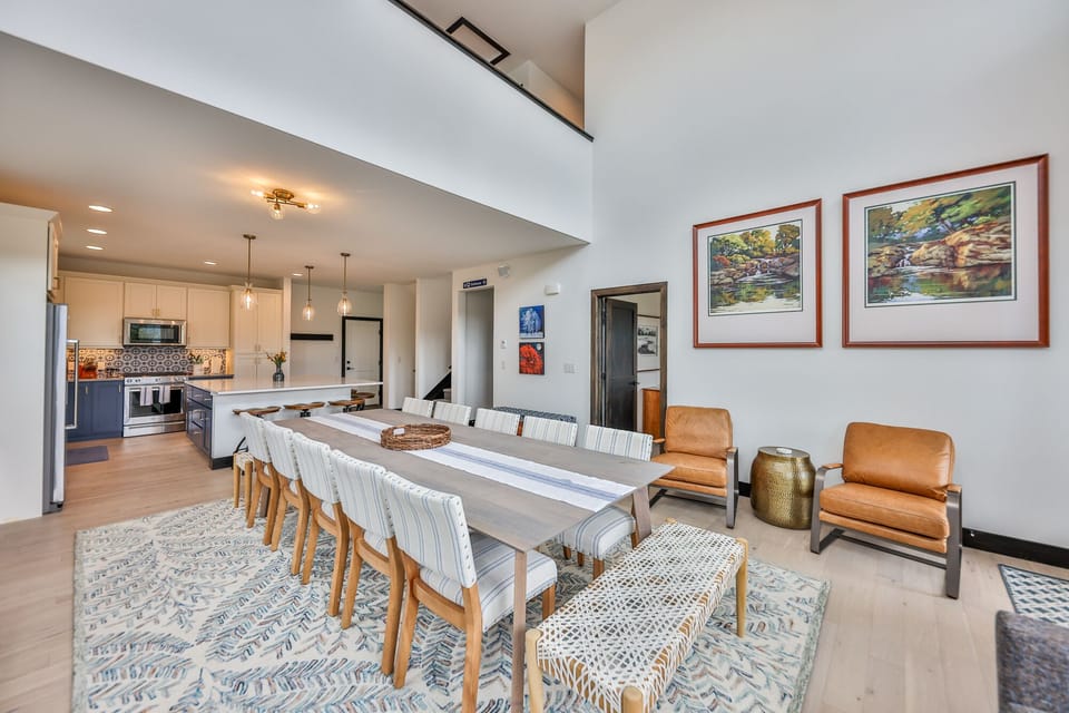 Gather in your own, private ski lodge. Custom maple dining table. 