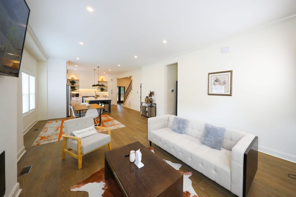 Living room, Brand new 65inch Smart TV, Electric Fireplace, Mid-Century sofa set