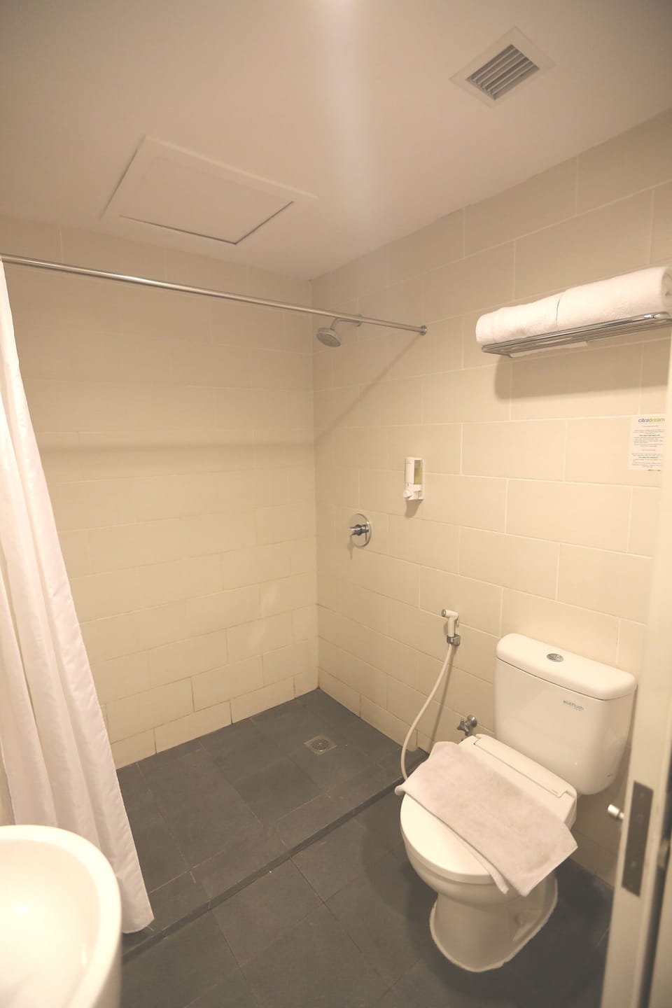 Shower, free toiletries, hair dryer, slippers