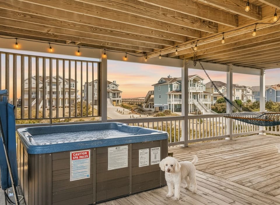 Unwind in a bubbly hot tub under twinkling lights