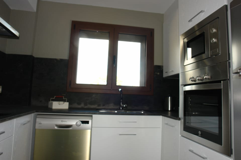 Full-size fridge, microwave, stovetop, dishwasher