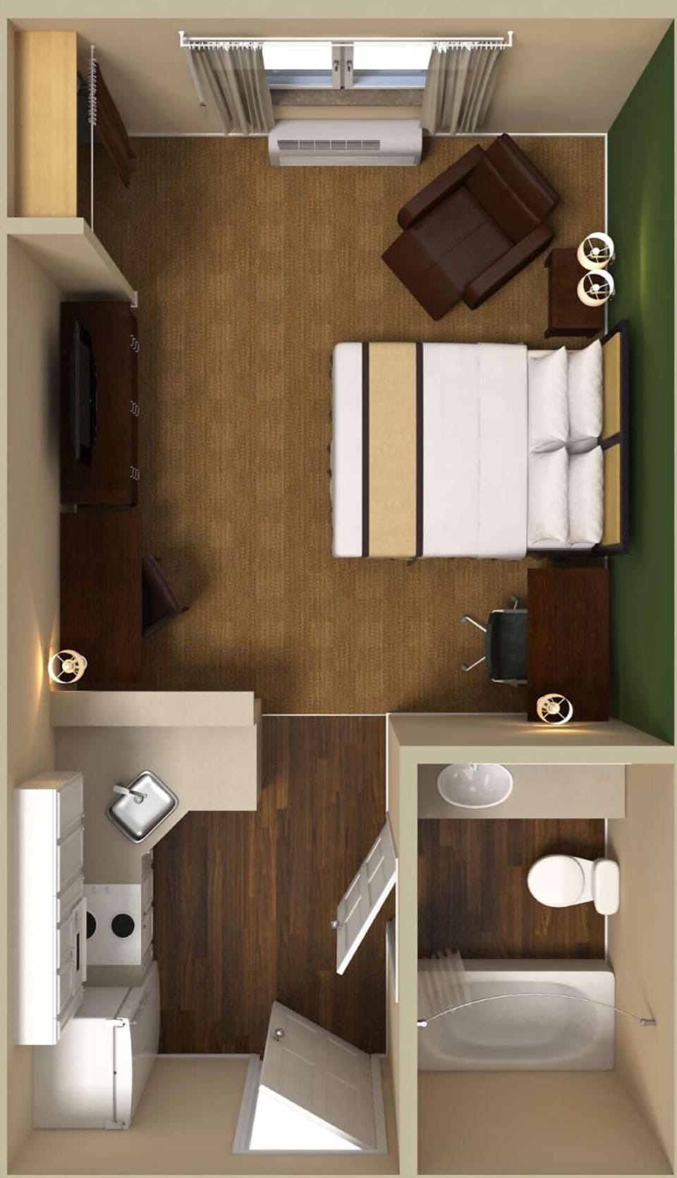 Desk, laptop workspace, free WiFi, bed sheets